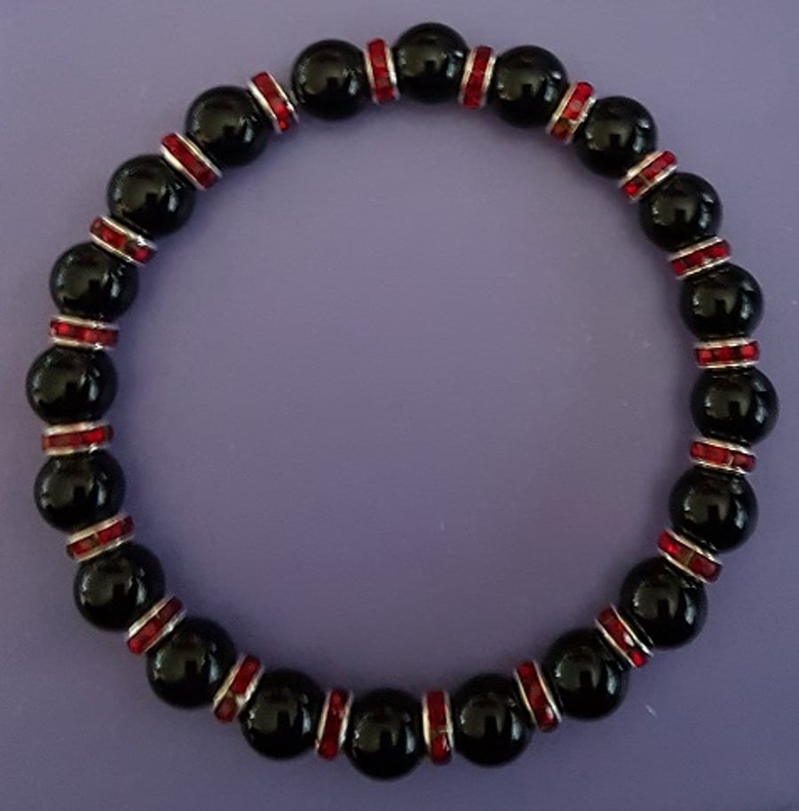 Beautiful Black Onyx and Siam crystal Stretch Bracelet.
