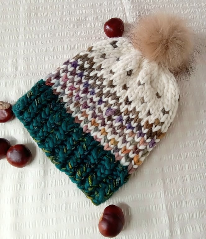 Hand Knit Beanie Hat in Merino Wool with Faux Fur Pom. S-M adult