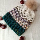 Hand Knit Beanie Hat in Merino Wool with Faux Fur Pom. S-M adult