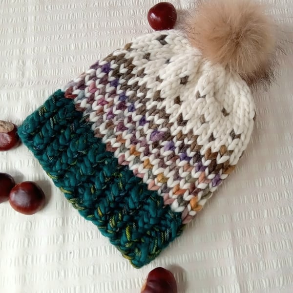 Hand Knit Beanie Hat in Merino Wool with Faux Fur Pom. S-M adult