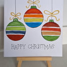 Three colourful striped Christmas baubles handpainted watercolours