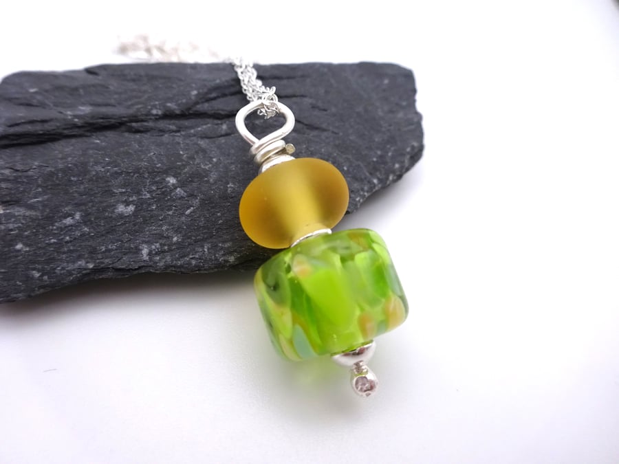 lampwork glass green and yellow pendant necklace