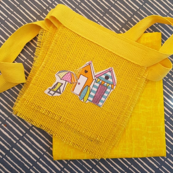 Beach hut bunting on hessian: yellow
