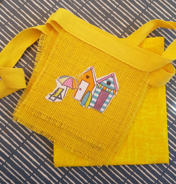 Beach hut bunting on hessian: yellow