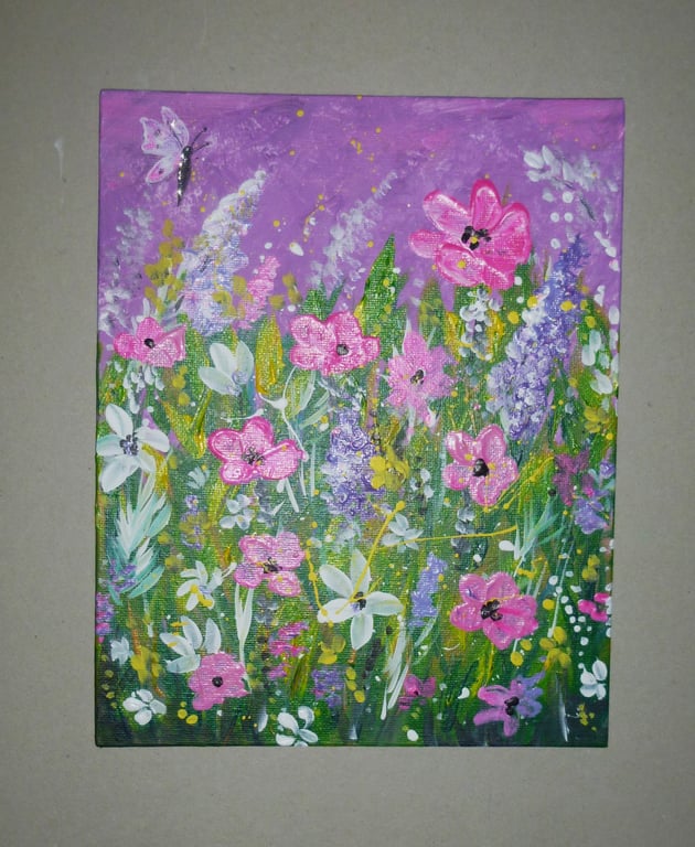 original art acrylic floral painting with butterfly ( ref FA,272 D7 )