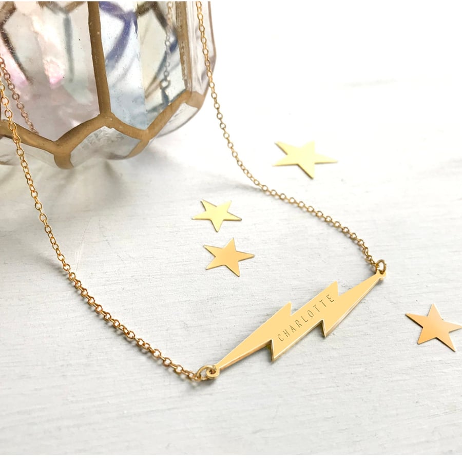 Personalised Gold Lightning Bolt Necklace, Valentine gift 
