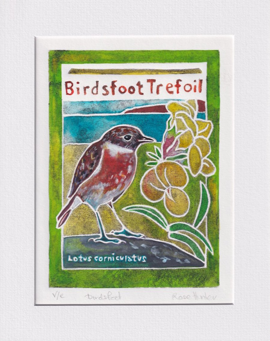 Birdsfoot Trefoil  - original hand painted lino print 001