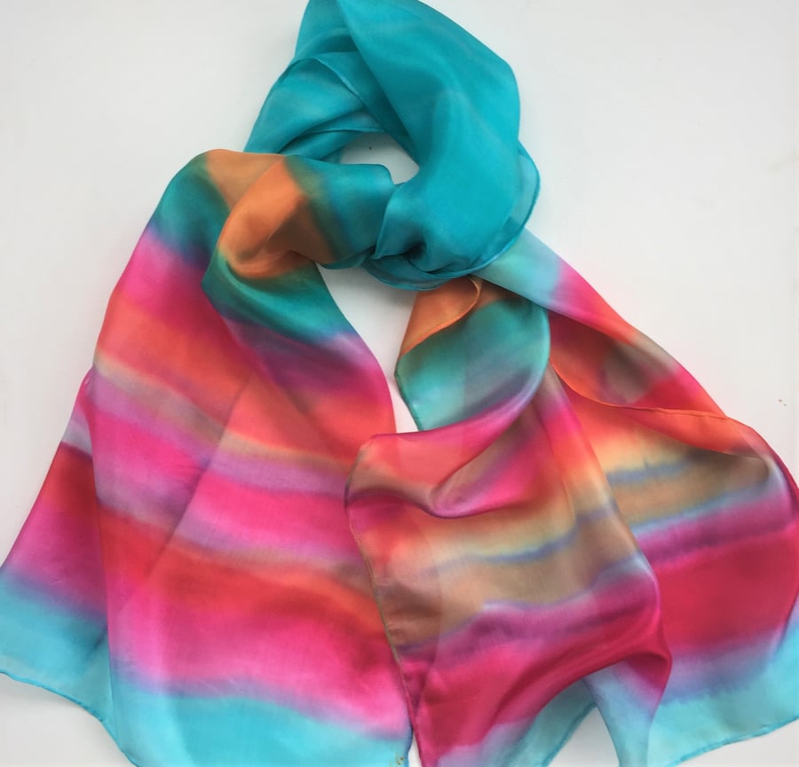 Striped hand painted silk scarf.  Aqua and pink silk scarf