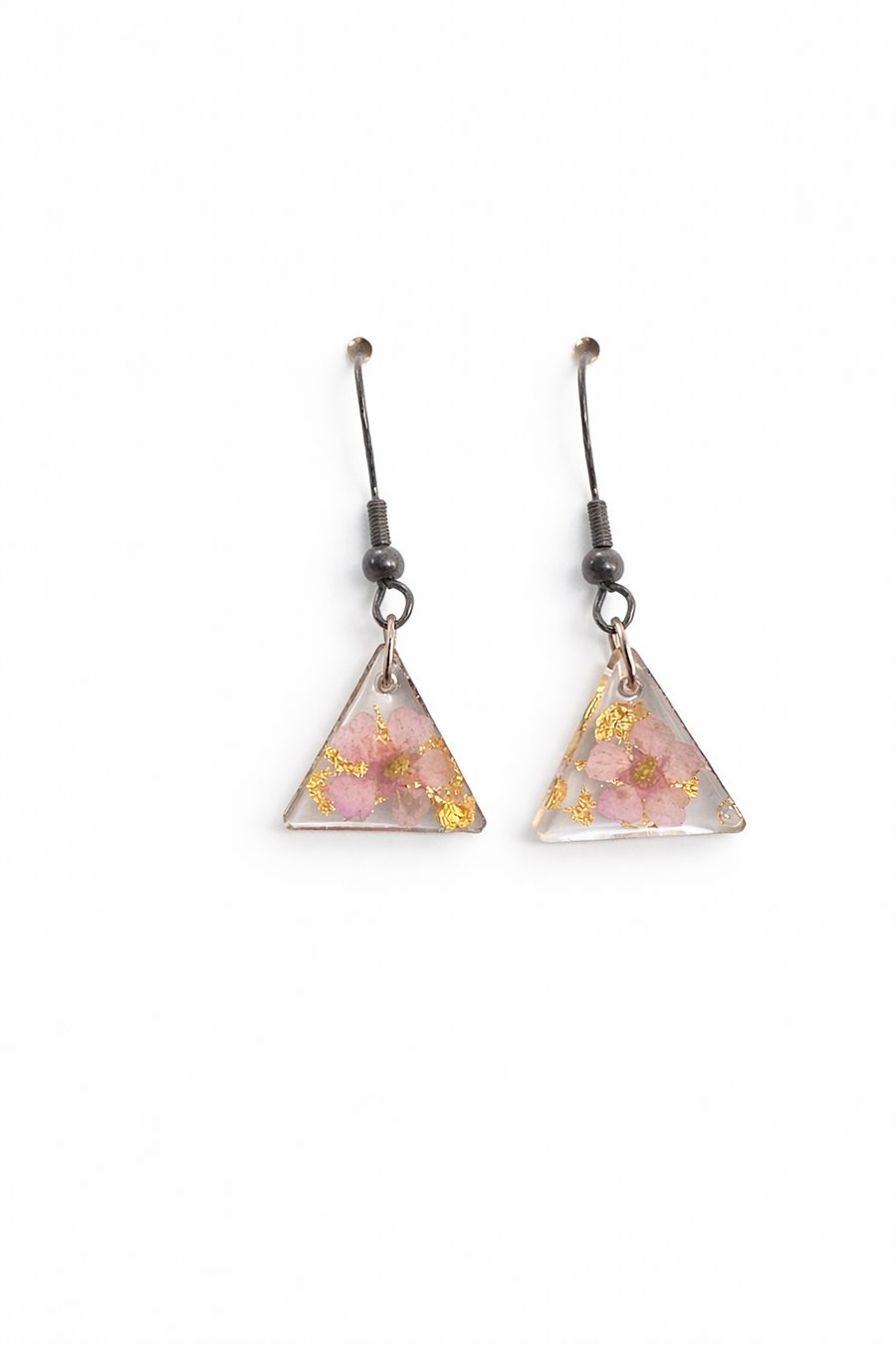 Pink Flower Triangle Resin Earrings with Gold Leaf – Lightweight Dangles