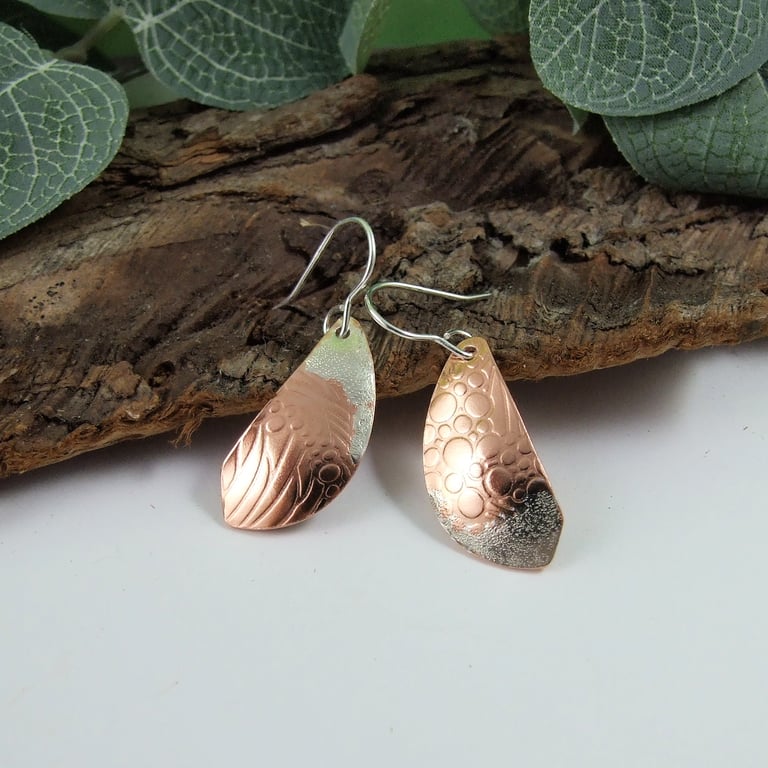 Earrings, Sterling Silver and Copper Asymmetric Pattern Leaf Droppers