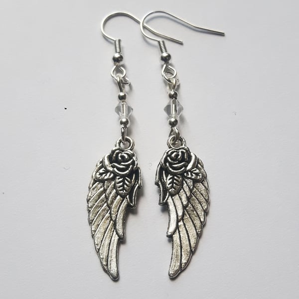 Silver Plate Rose Angel Wing Drop Dangle Earrings