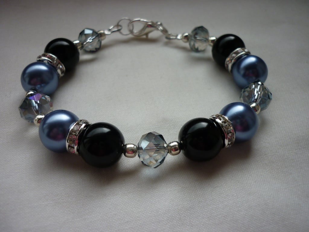 DEEP SLATE BLUE, BLACK AND RHINESTONE BRACELET.  614