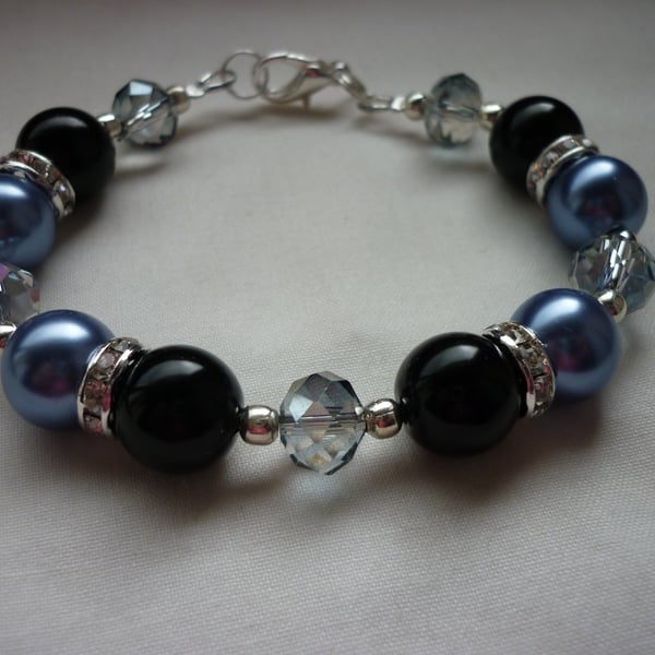 DEEP SLATE BLUE, BLACK AND RHINESTONE BRACELET.  614