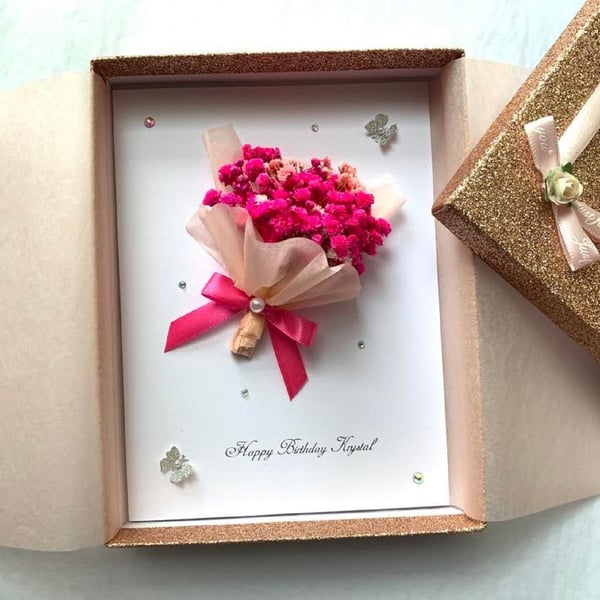 Handmade Personalised Birthday Card, Pink Dried Flower Birthday Car C008