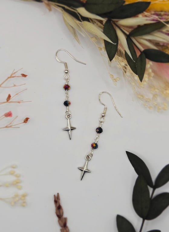 Sterling Silver Star Dangle Earrings with Faceted Black Rainbow Beads, Gothic