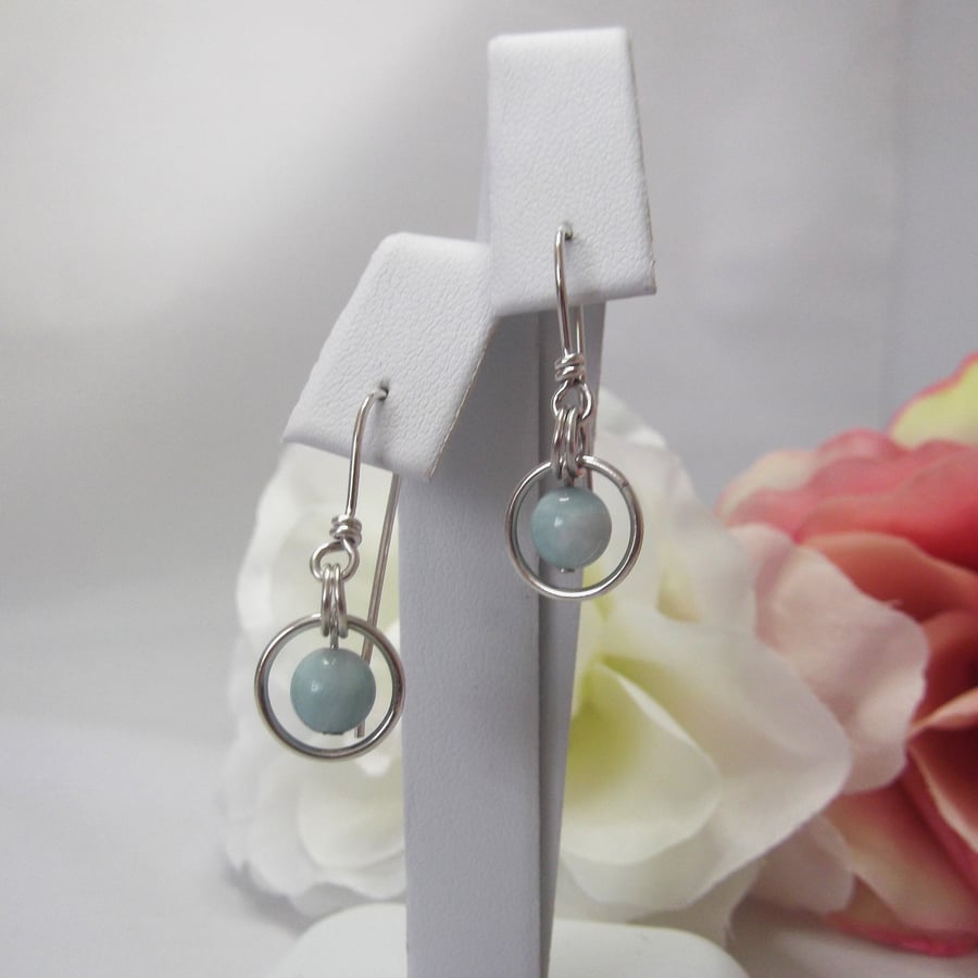 Amazonite gemstone dangle earrings with bead in a ring of recycled silver