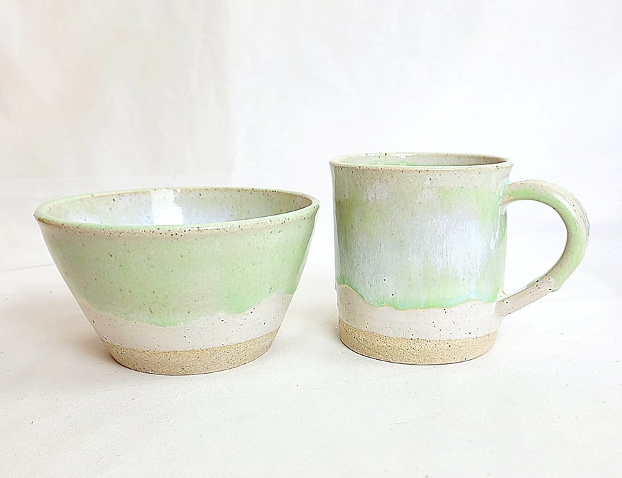 Handmade Stoneware Mug and Bowl Set: Oatmeal & Pale Green Glaze