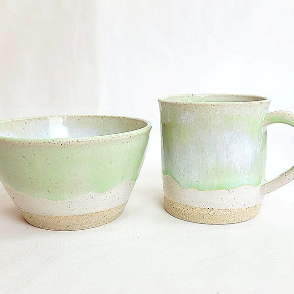 Handmade Stoneware Mug and Bowl Set: Oatmeal & Pale Green Glaze
