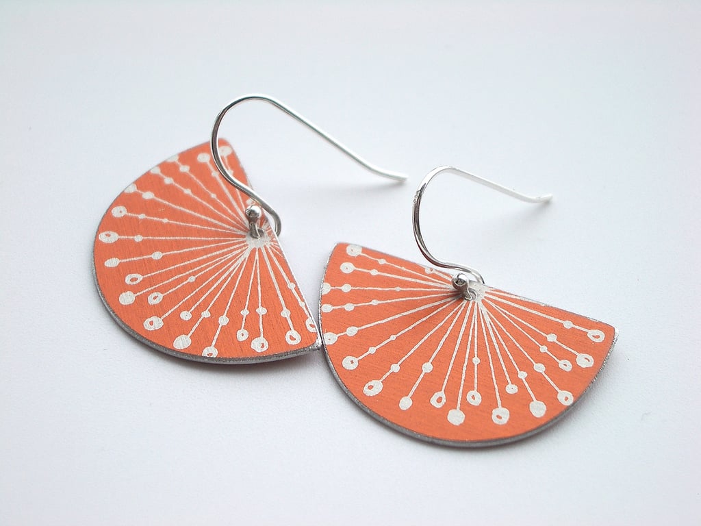 Fan earrings with seed head print in orange 