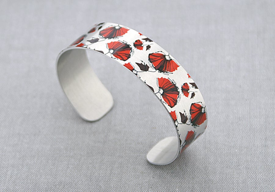 Cuff bracelet with red poppies, metal bangle, remembrance jewellery gifts. B333