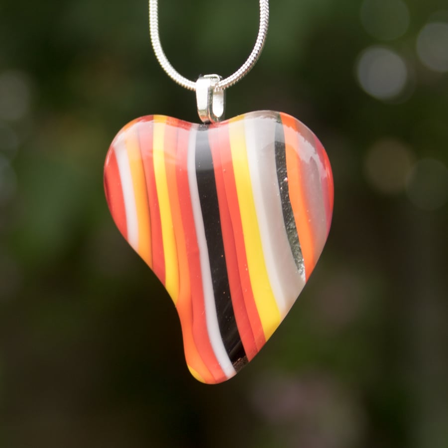 Multi-Coloured Striped Fused Glass Heart Shaped Pendant