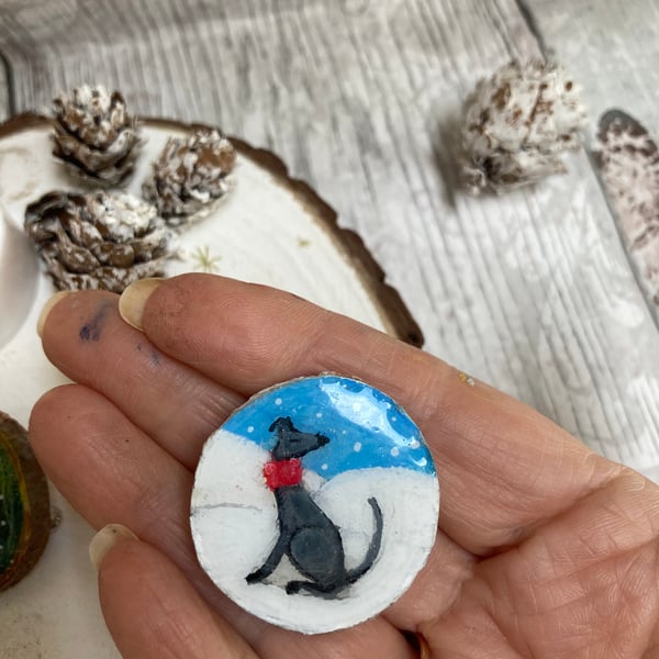 Greyhound In The Snow Painted Wood Slice Brooch Pin
