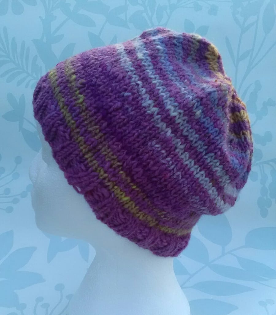 Handknit Noro Donegal Tweed stripey Hat Mauve mix MED