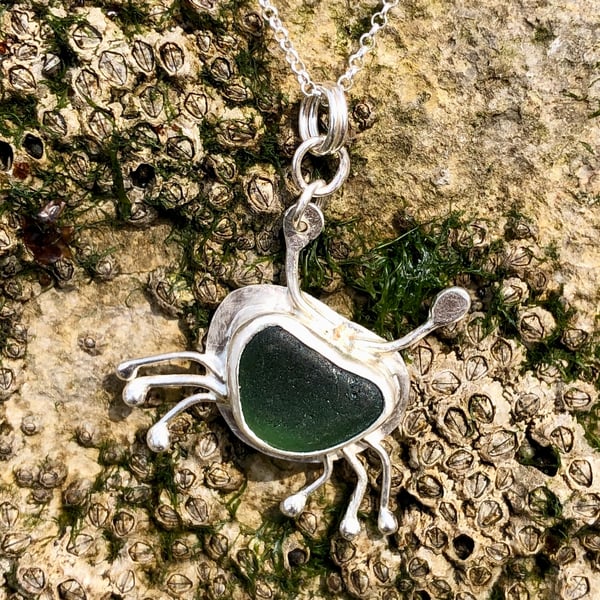 Teal Green Sea Glass and Sterling Silver Crab Pendant Necklace