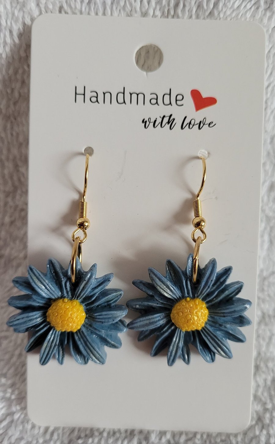 Image of Handmade Polymer Clay Blue Flower Earrings.  316 Surgical Stainless Steel