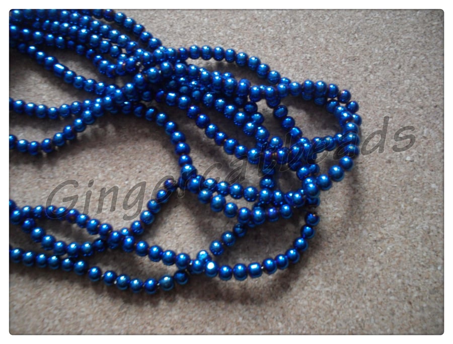 300 x Electroplated Glass Beads - Round - 4mm - Blue 