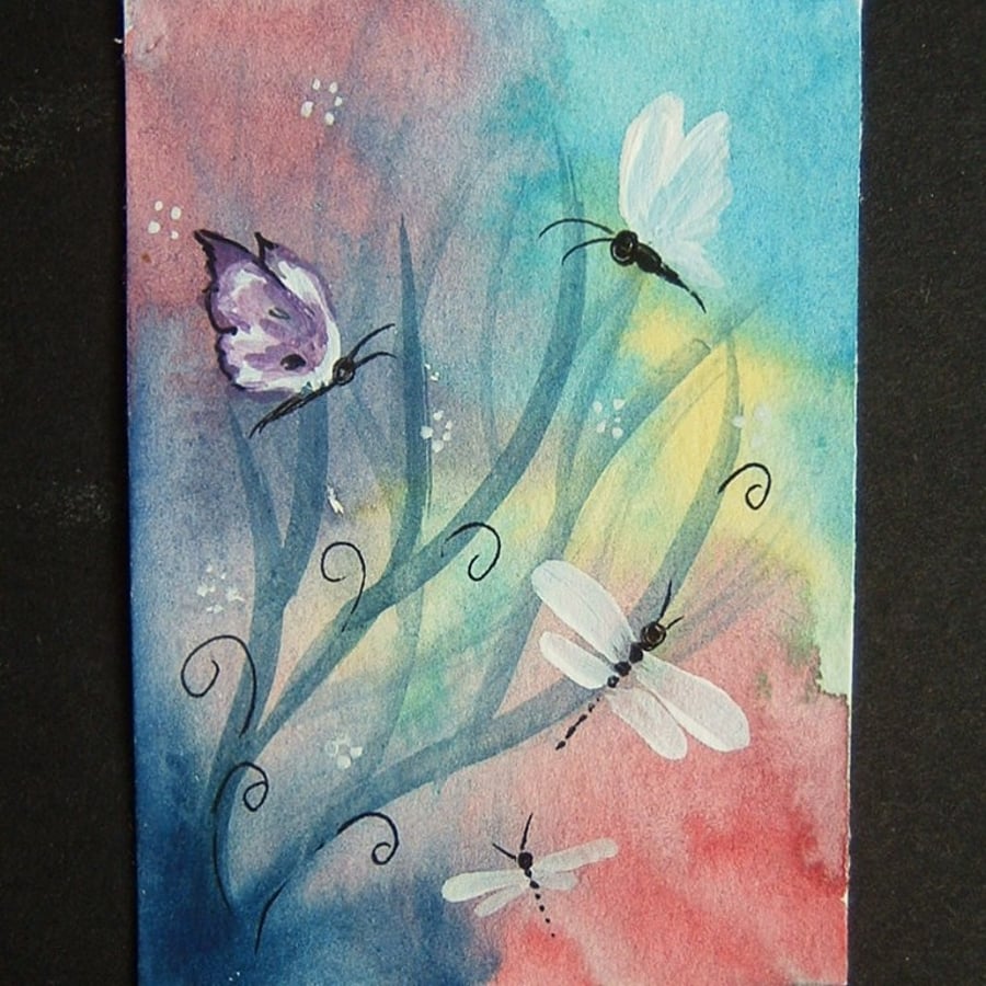 dragonflies and butterflies aceo original art parinting ref 172