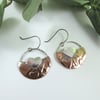 Earrings, Sterling Silver and Copper Semi Circle Heart Dropper Earrings