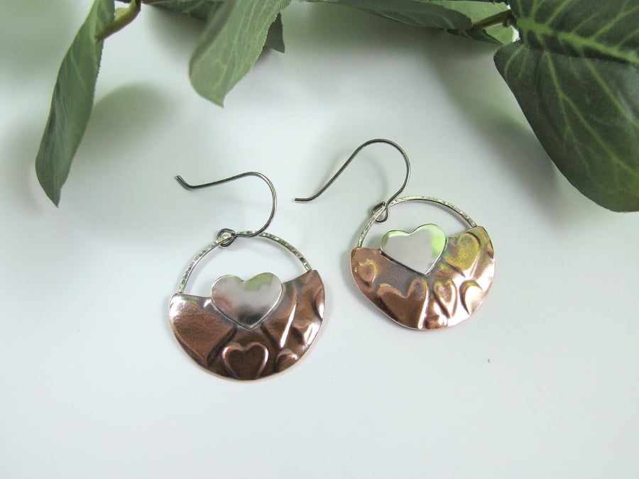 Earrings, Sterling Silver and Copper Semi Circle Heart Dropper Earrings