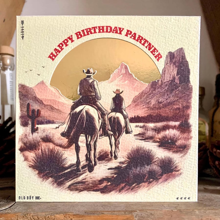 Handmade - Happy Birthday Partner - Western Card - Off White & Gold