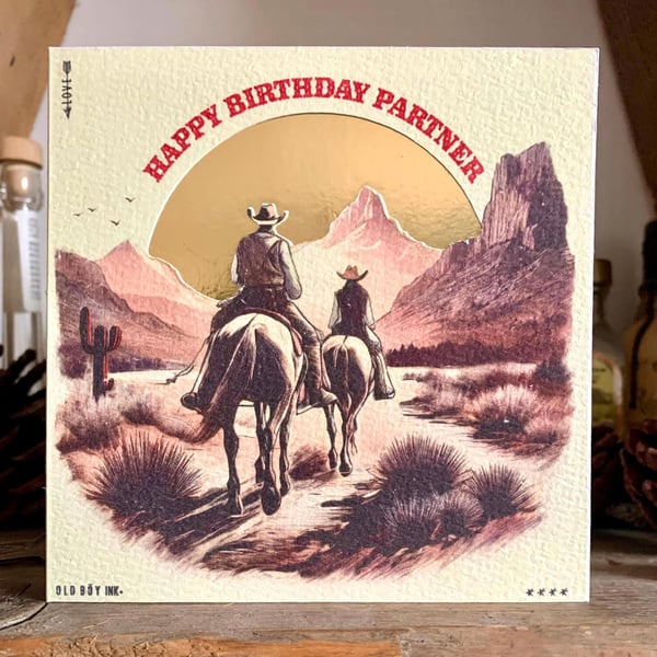 Handmade - Happy Birthday Partner - Western Card - Off White & Gold