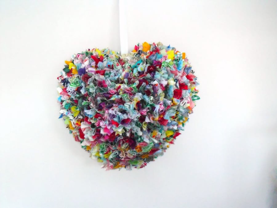 colourful large heart rag wreath, scrap cotton fabric hanging heart decoration