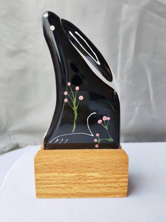 Moon Gazing Glass Hare on Oak Stand
