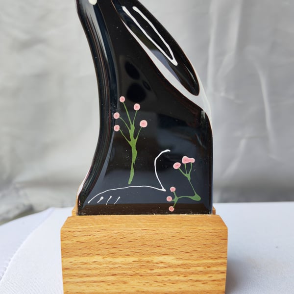 Moon Gazing Glass Hare on Oak Stand