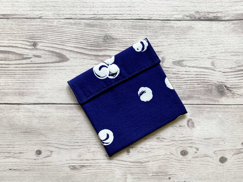 Discreet sanitary pouch. Feminine products holder. Navy blue and white