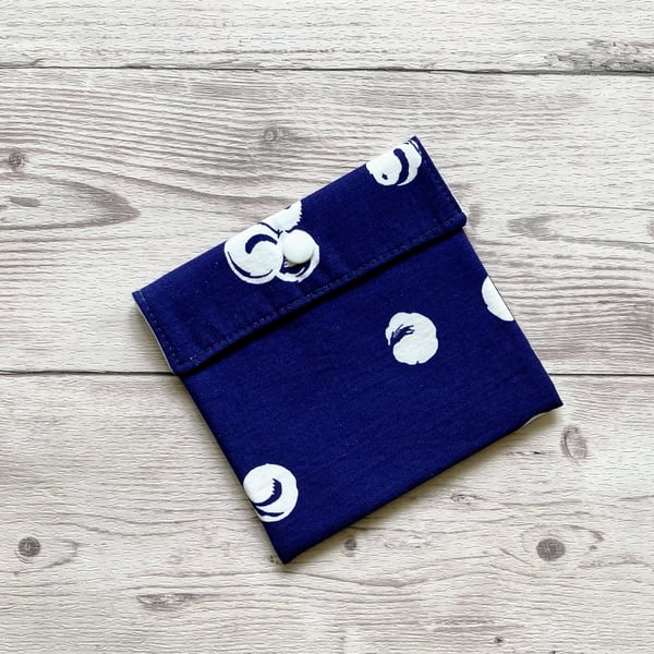 Discreet sanitary pouch. Feminine products holder. Navy blue and white