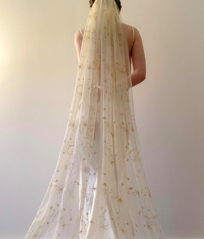 Cassiopeia - Celestial Wedding Veil With Gold Moons And Stars