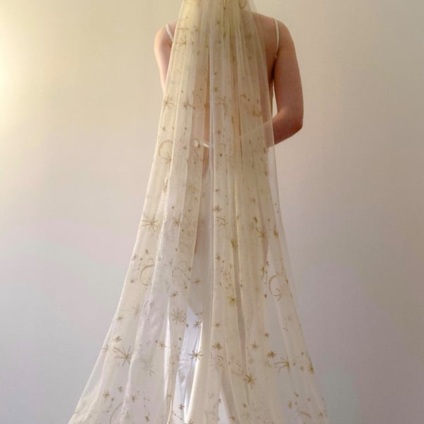 Cassiopeia - Celestial Wedding Veil With Gold Moons And Stars