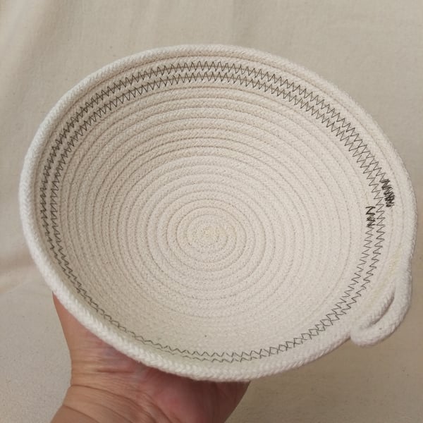 Afton Bowl, a coiled rope bowl with sage green stitched detail