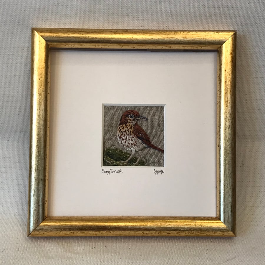 Song Thrush - hand embroidered picture 