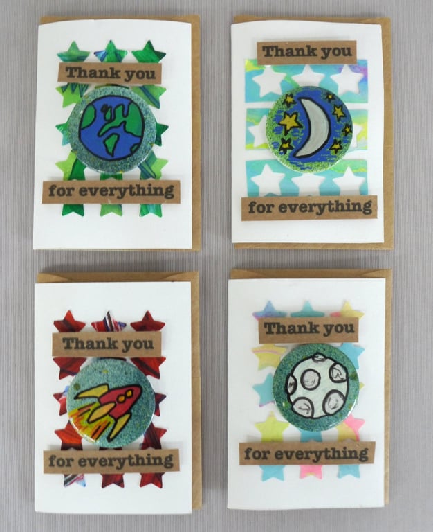 4 x Badges, Space Badges, Badge Cards, Thank You Cards, Keepsake Cards