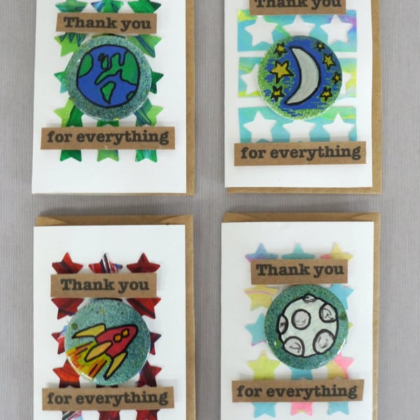 4 x Badges, Space Badges, Badge Cards, Thank You Cards, Keepsake Cards