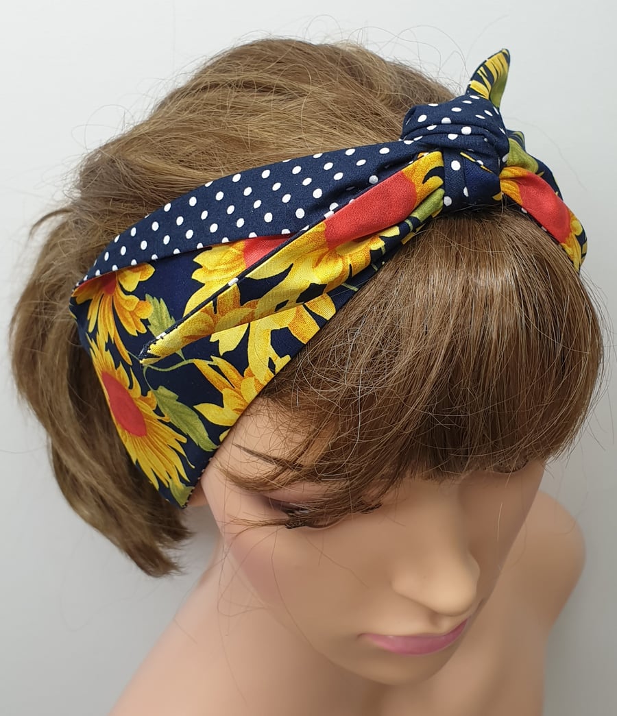 Self tie women sunflower and polka dots reversible headband.