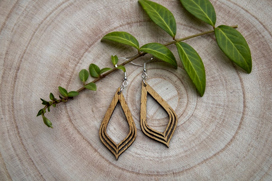 Gold Silk Wood Geometric Earrings - Handcrafted Sterling Silver