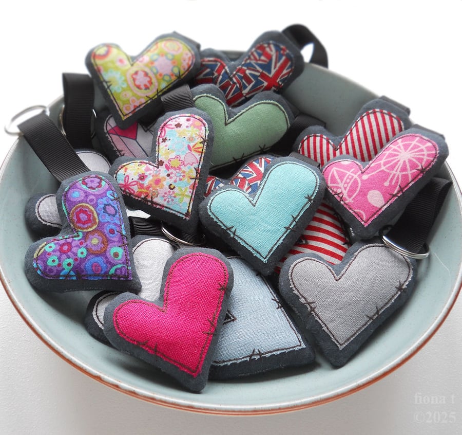 applique embroidered heart keyring key fob hanging decoration LIGHT GREY LINEN