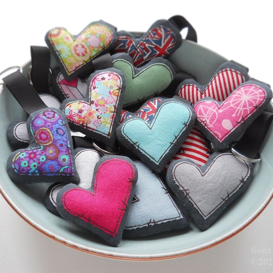 applique embroidered heart keyring key fob hanging decoration GREY BLUE LINEN